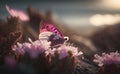 A pink butterfly on flowers in soft daylight with blurred ocean background, close-up macro, generative AI