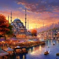 Panoramic sunset view of Istanbul's skyline with the Blue Mosque and Hagia Sophia