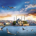 Panoramic sunset view of Istanbul's skyline with the Blue Mosque and Hagia Sophia