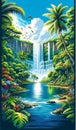 A lake at the foot of a cascading waterfall in a tropical paradise. landscape Background, Nature