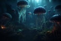 Ai Generative Beautiful jellyfish swimming in the ocean. Underwater world in the deep blue sea Royalty Free Stock Photo