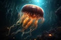 Ai Generative Beautiful jellyfish swimming in the ocean. Underwater world in the deep blue sea