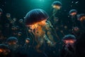 Ai Generative Beautiful jellyfish swimming in the ocean. Underwater world in the deep blue sea