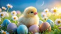 A Delicate Spring Scene Pastel Eggs a Cute Chick and Daisies in a Rural Meadow AIGenerated Art Royalty Free Stock Photo