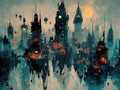 A beautiful digital painting of a steampunk city with airships and floating islands