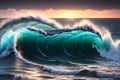 The Magnificent Sunset Panorama with Rising Surf Waves. AI generated