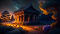 Nighttime Serenity: Illustration of an Ancient Greek Temple in the Greek Nature Landscape at Night