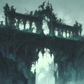 Mysterious Gothic Bridge Amidst Foggy Chasm Royalty Free Stock Photo