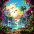 Vibrant Pixel Art Scene of a Tropical Paradise Royalty Free Stock Photo