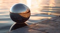 Reflective Serenity: Capturing the Beauty of a Metallic Sphere on Calm Waters