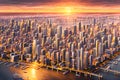 The Marvelous Convergence of a Modern City and a Spectacular Sunset. AI generated