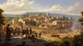 Timeless Heritage: Captivating Painting Unveils Ancient Roman Village Beauty