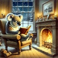 Cozy Winter Night, Literate Koala by the Fireplace