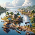 a lakeside village, capturing the daily life along the water\'s edge. Generative Ai