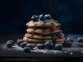 Pancakes with blueberries and maple syrup on a dark background