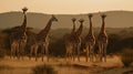 Immerse yourself in the dynamic energy of a group of giraffes as they traverse the savannah, their synchronized movements and