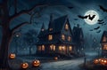 Spooky Halloween ghost village with a full moon, bats, and pumpkins