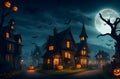 Spooky Halloween ghost village with a full moon, bats, and pumpkins