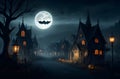 Spooky Halloween ghost village with a full moon, bats, and pumpkins