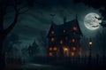 Spooky Halloween ghost village with a full moon, bats, and pumpkins