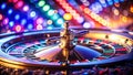 Spinning Fortune A Thrilling CloseUp of a Roulette Wheel in a Vibrant NeonLit Casino Captures the Excitement of Royalty Free Stock Photo