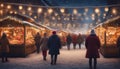 Captivating View of a Festive Christmas Market with Illuminated Shops and Decorations