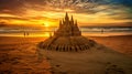 A sandcastle basking in the golden glow of a radiant sunset