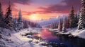 Immerse yourself in the enchanting beauty of winter as the sun sets over a tranquil, snow-covered landscape