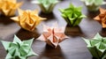 Blossoming Origami Flowers on Parchment Paper - Artistic Floral Craft Photography for Creative Projects. Royalty Free Stock Photo