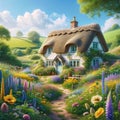 Cottagecore Delight: AI Generated Thatched Roof Cottage and Wildflowers