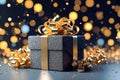 Glamorous Gift Box with Golden Ribbon and Bokeh Background - Generative AI Royalty Free Stock Photo