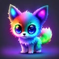 a small kitten with a rainbow colored tail a purple background Hyperrealistic Baby Kelpie Fox Cat