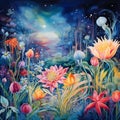 Surreal watercolor painting of a mystical garden with exotic plants