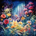 Surreal watercolor painting of a mystical garden with exotic plants