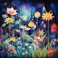 Surreal watercolor painting of a mystical garden with exotic plants