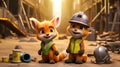 Two Playful Foxes in Gray Hard Hats - Photorealistic Illustrations of Curious Vulpine Companions Royalty Free Stock Photo