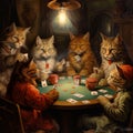 Feline Card Masters: Captivating Painting of Cats Playing Poker