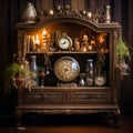 Vintage cabinet with exquisite collection of antique objects