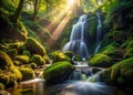 Enchanting Silhouetted Waterfall Cascading Through a MossDraped Woodland A Breathtaking Nature Photography Capture Royalty Free Stock Photo