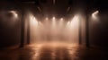 immerse yourself in an ethereal world: empty dark stage transformed with mist, fog, and brown spotlights, perfect for showcasing