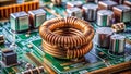 Closeup view of a meticulously crafted ferrite coil on a complex computer circuit board showcasing the intricate Royalty Free Stock Photo