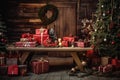 Christmas Decorations and Gift Wrapping on a Wooden Table