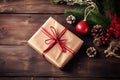 Christmas Decorations and Gift Wrapping on a Wooden Table