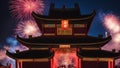 chinese temple with lunar new year celebration, fireworks, chinese new year