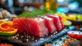 Gourmet Dining in Rustic Setting: Raw Tuna Fillet Steak and Sashimi