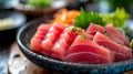 Sashimi Bliss: Top View of Raw Tuna Fillet Steak in a Rustic Cafe