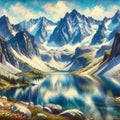 A high-altitude alpine lake, nestled between snow-capped peaks. Nature Painting, Generative Ai