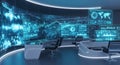Futuristic control room with glowing blue digital screens and modern consoles for advanced data analysis Royalty Free Stock Photo