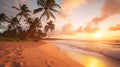 Tropical paradise with a pristine beach scene at sunset