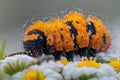 Enchanting Macro Photography of a Vibrant Fuzzy Caterpillar Resting on Dew Kissed Daisy Petals in Mesmerizing Natural Setting